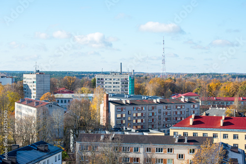 small town panoramic view from above in the autumn