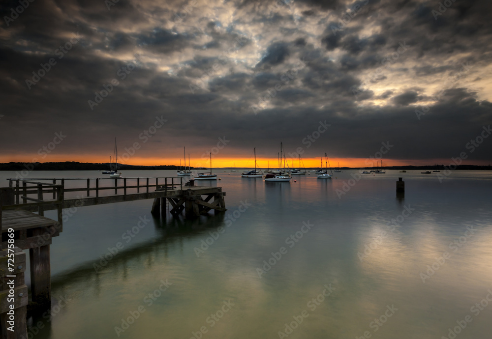 Sunset over Poole Harbour at Hamworthy pier