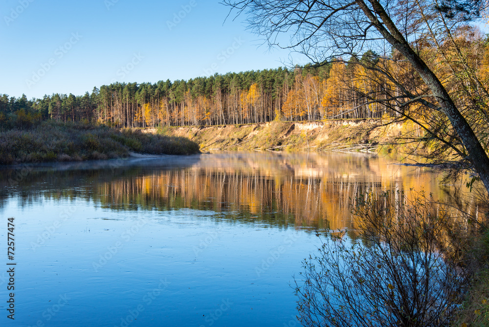 scenic autumn colored river in country