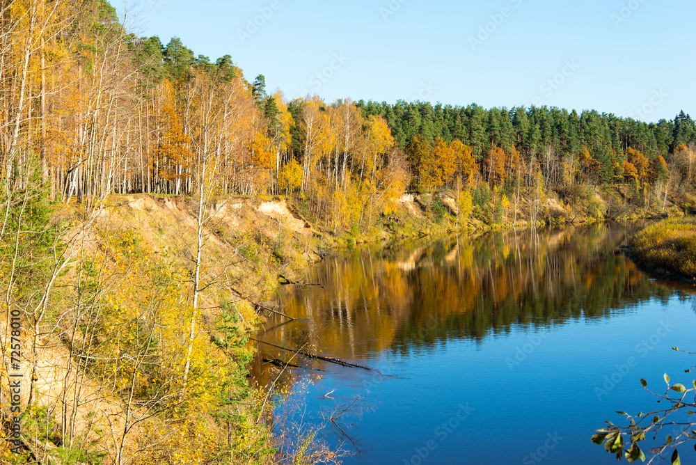 scenic autumn colored river in country