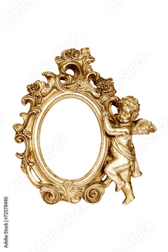 Oval baroque gold picture frame with cupid, clipping path.
