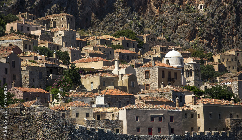 Monemvasia Greek island view of stone houses.