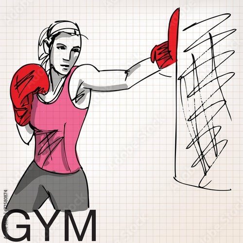 Illustration of woman with boxing gloves at workout, at gym
