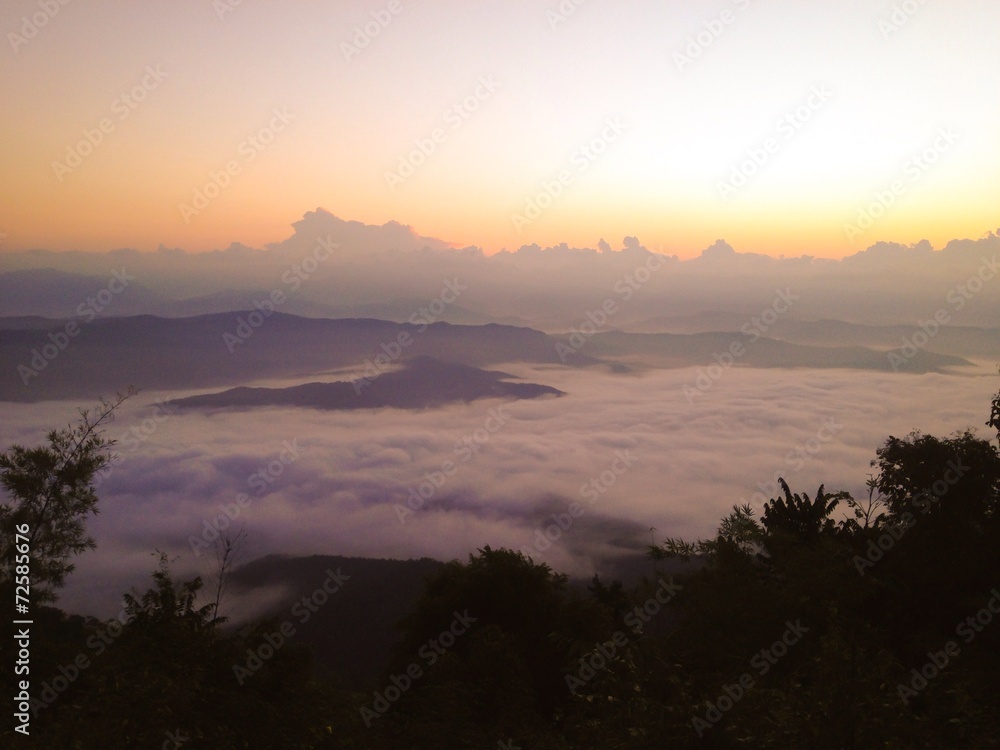 Obraz premium Sunrise with foggy on mountain in Thailand
