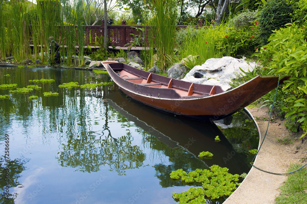 Wooden boat in pond