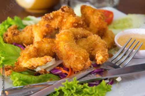 apanese Cuisine. Fried coconut Shrimp with cocktail sauce