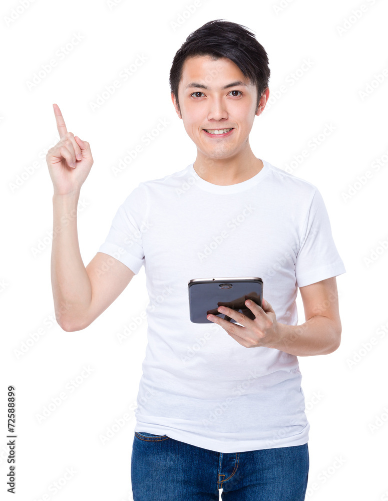 Man use of tablet and finger point up Man use of tablet and finger point up