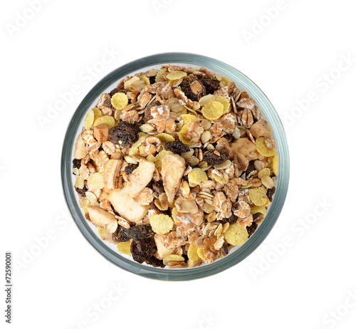 muesli breakfast placed in the bowl on white background