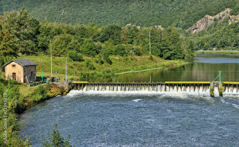 Landscape with a dam on Meuse river in Ardennes Landscape with a dam on Meuse river in Ardennes