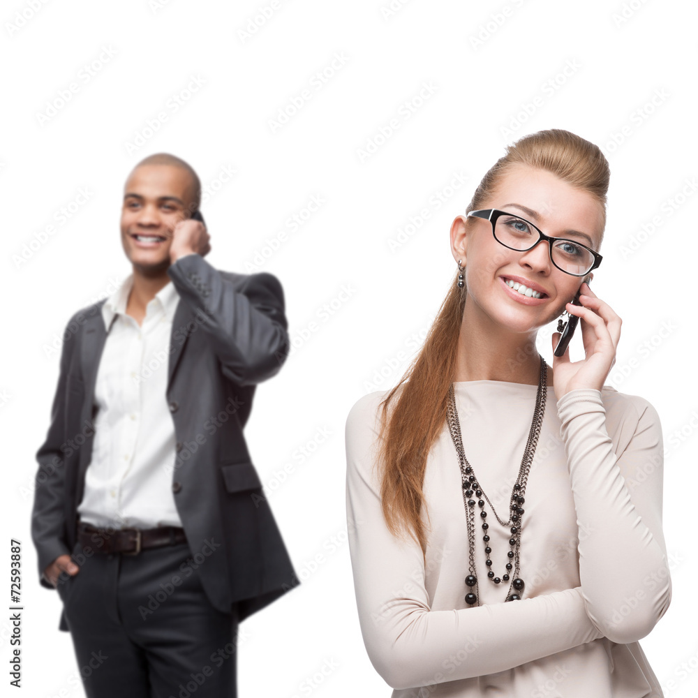 happy smiling business people calling by mobile telephone happy smiling business people calling by mobile telephone