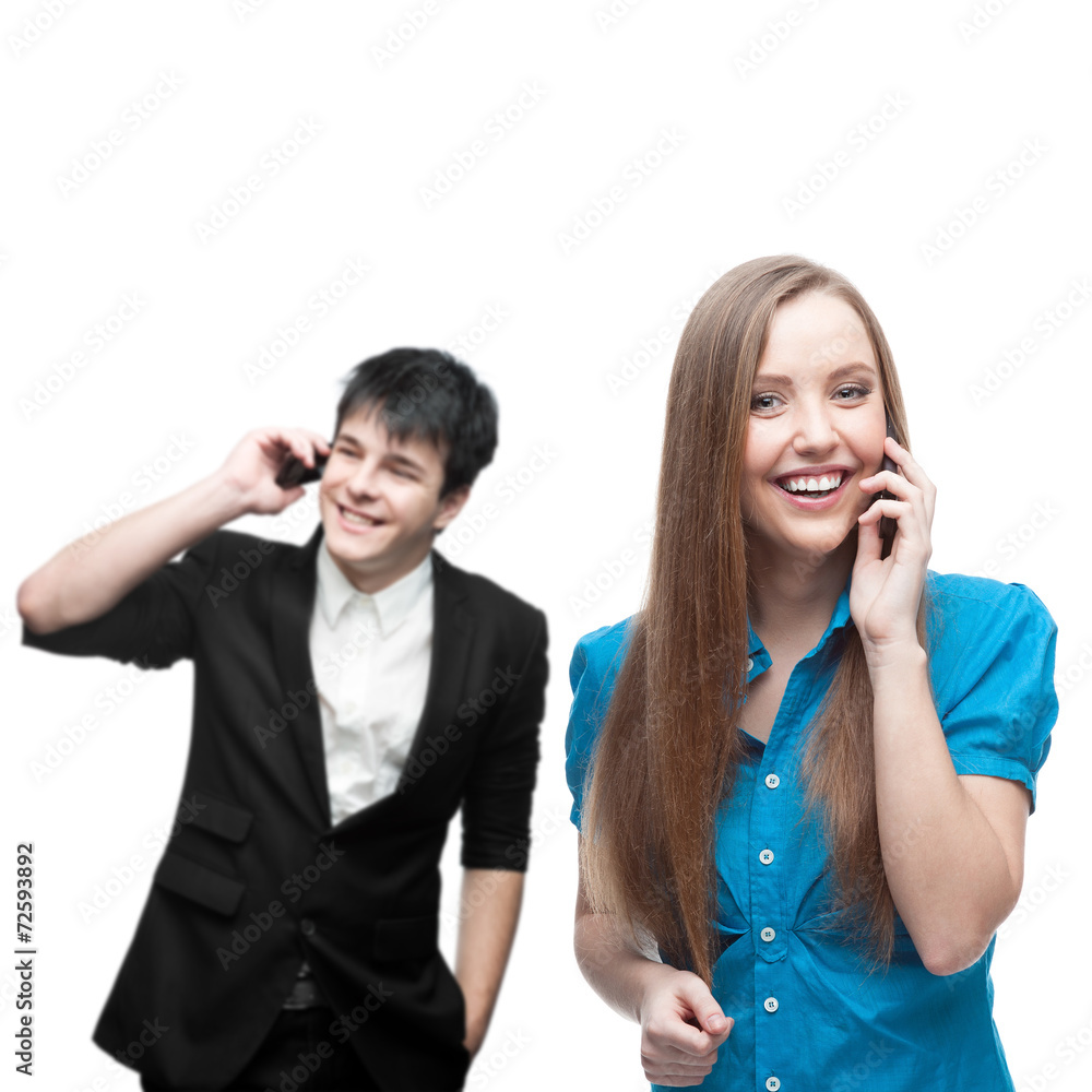 happy smiling business people calling by mobile telephone happy smiling business people calling by mobile telephone