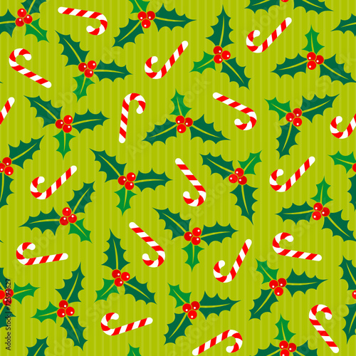 Seamless Pattern Holly Candy Cane Light Green