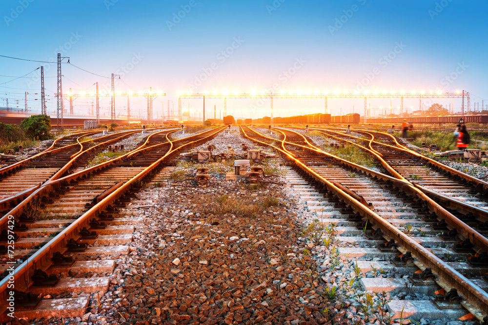 Fototapeta premium Cargo train platform at sunset with container