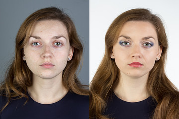 Photo of young woman before and after make up
