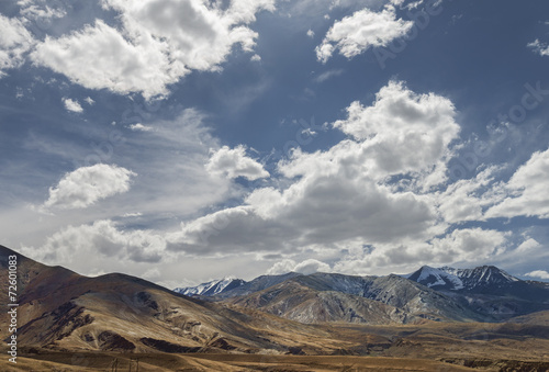 Beautiful view to dry Ladakh mountains with snow and clouds