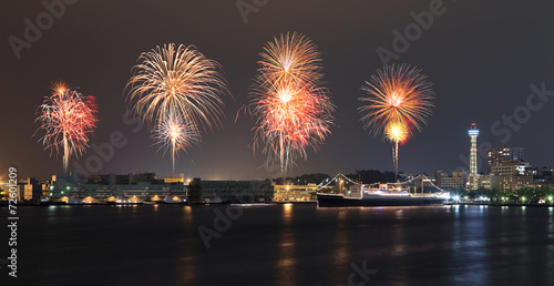 Fireworks celebrating over marina bay in Yokohama City