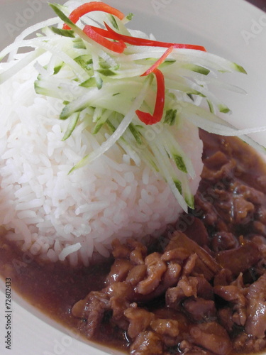 Asian style meal of rice and a pory stew