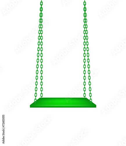 Wooden green swing hanging on green chains