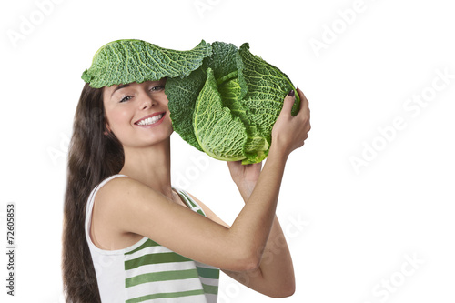 woman with cabbage on his head