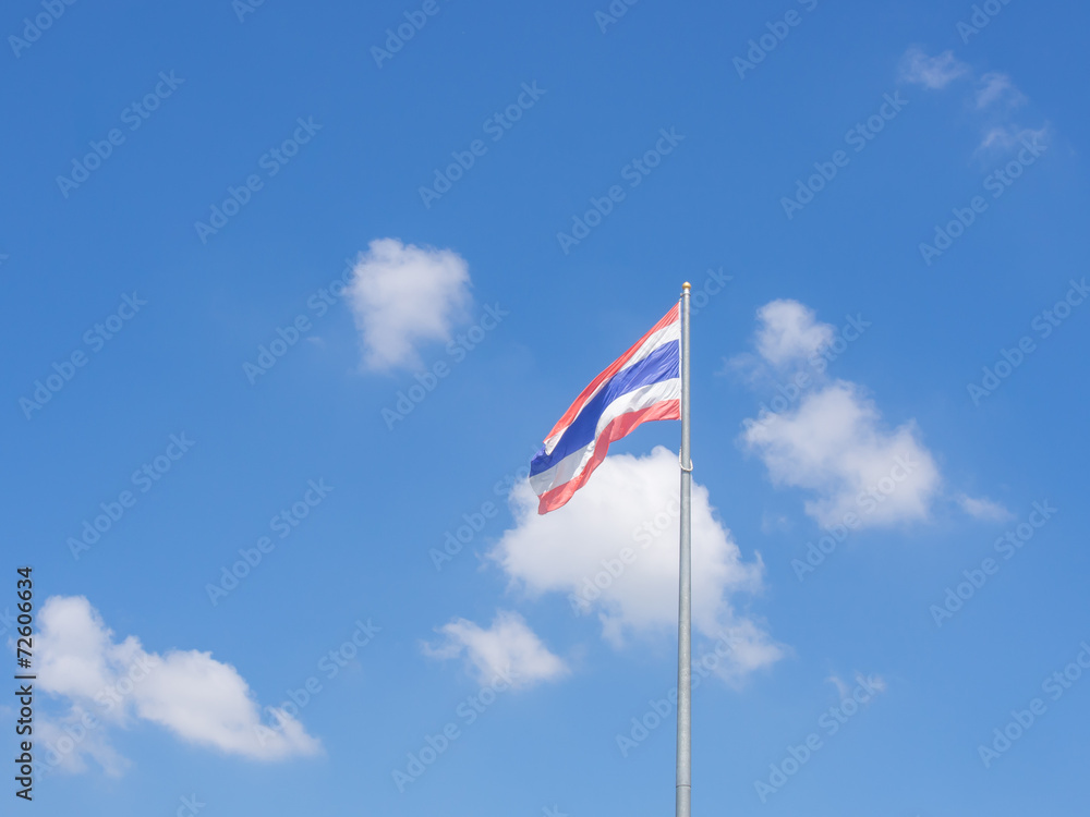 Waving Thai national flag with clouds and blue sky background