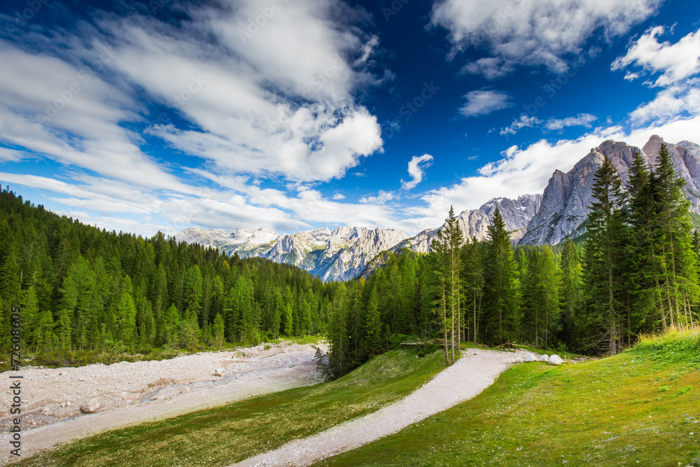 View to Alpine brook, Dolomites mountains, Italy, Europe