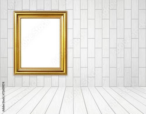 golden frame in room with white wood wall  block style  and wood