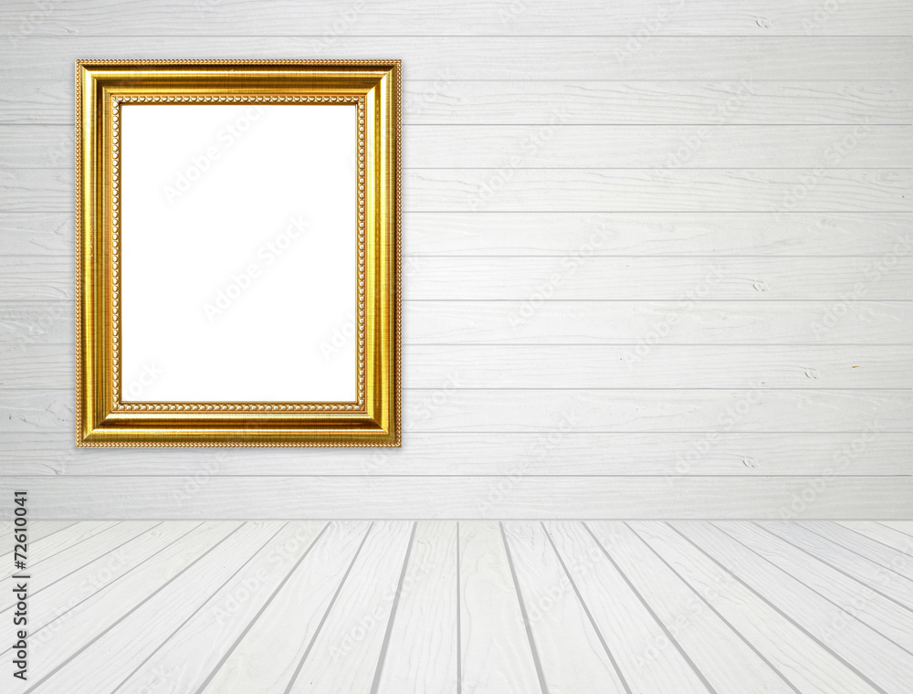 golden frame in room with white wood wall and wood floor backgro golden frame in room with white wood wall and wood floor backgro