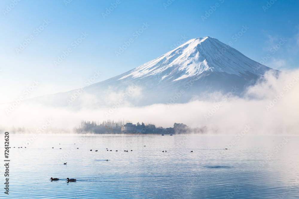 Mountain Fuji and Kawaguchiko lake with morning mist in autumn s