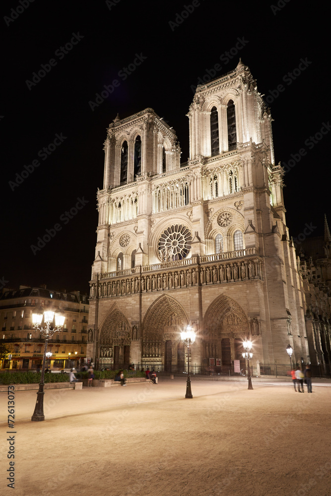 Notre Dame cathedral at night with people