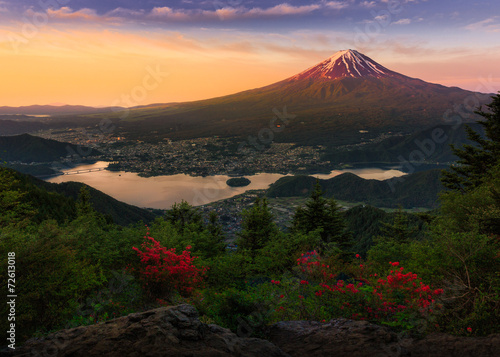 Mt. Fuji glows in the morning sun at Kawaguchiko