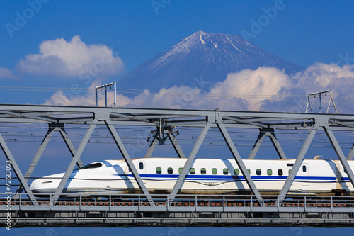 View of Mt. Fuji and train at Fujikawa, Shizuoka, Japan photo
