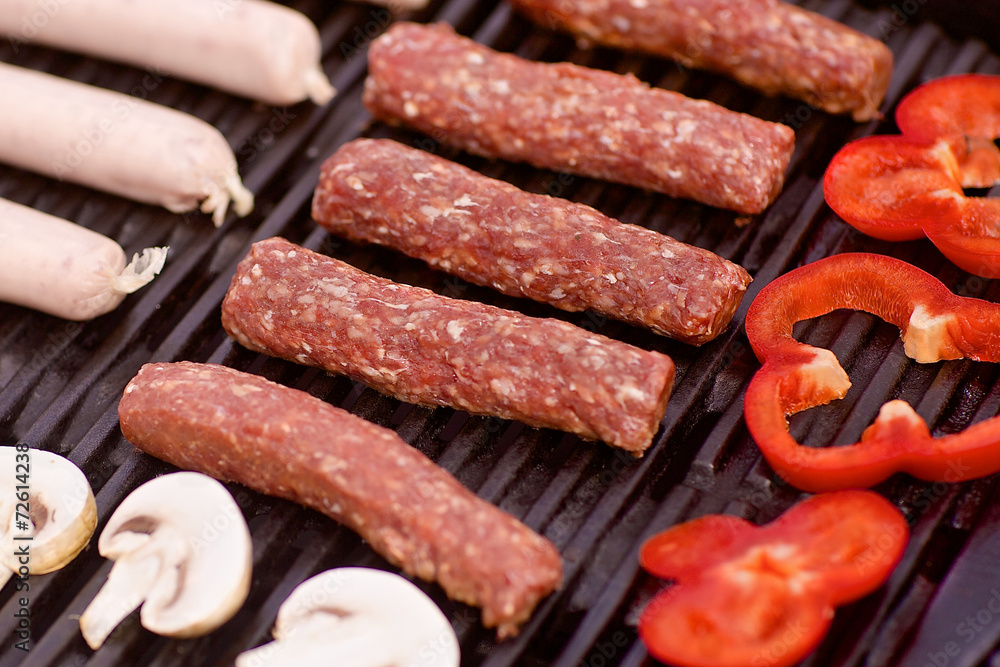 BBQ with sausages, pappers and mushrooms BBQ with sausages, pappers and mushrooms