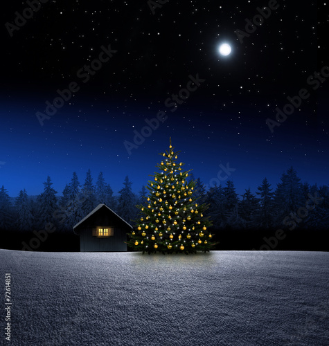 Hütte mit Christbaum bei Nacht