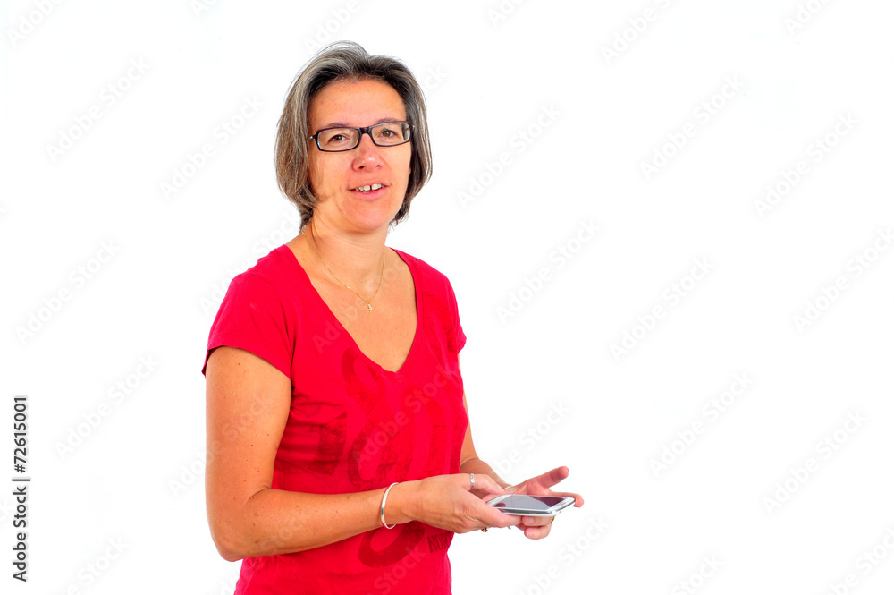 Woman in red t shirt on smartphone in studio Woman in red t shirt on smartphone in studio