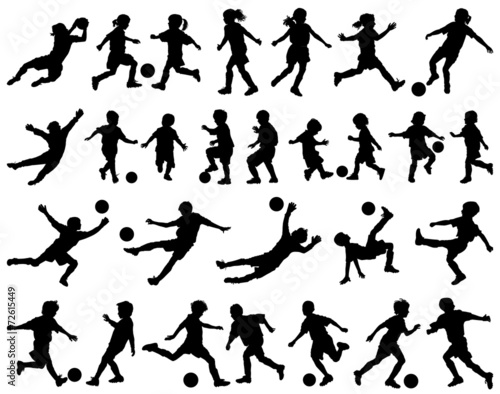 Children playing soccer vector silhouettes