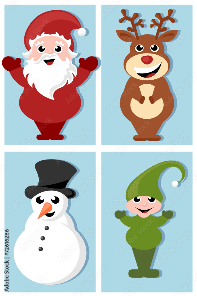 santa claus, rudolph, elf and snowman cartoon characters