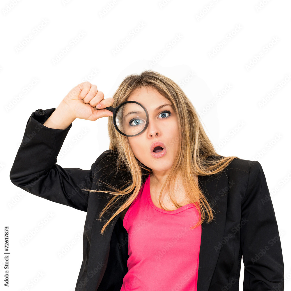 woman through a magnifying glass with a surprised expression woman through a magnifying glass with a surprised expression