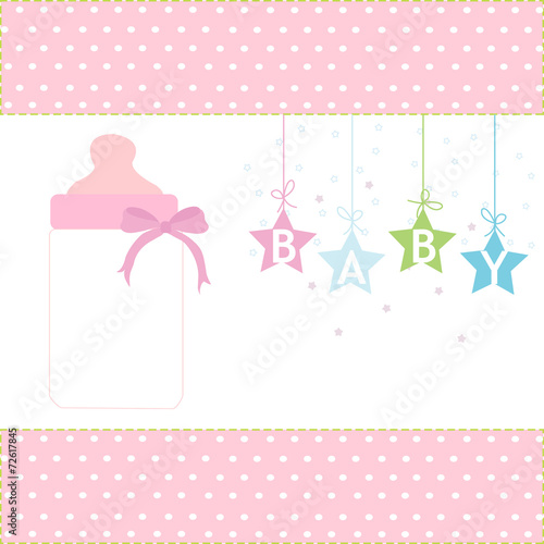 Baby girl greeting card hanging stars and bottle background