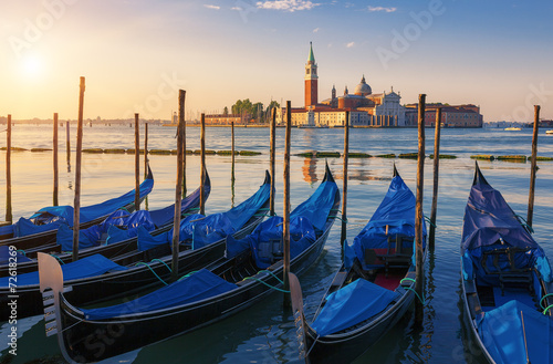 Beautiful view of Venice with gondolas at sunrise