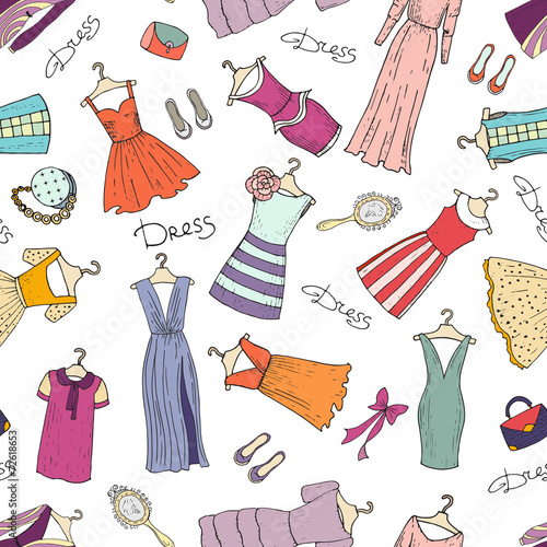 Vector seamless pattern with hand drawn dresses