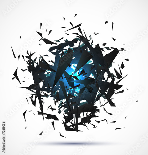 Blue light explosion of black particles on white background