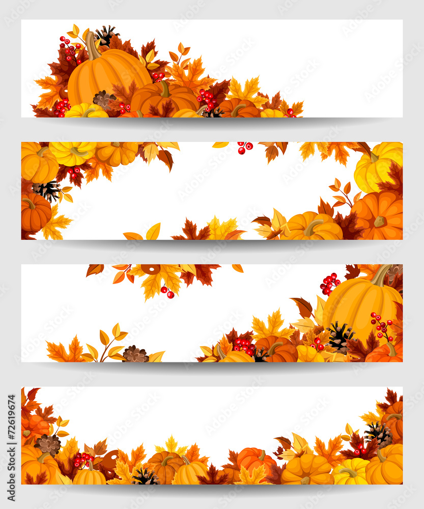 Naklejka premium Vector banners with orange pumpkins and autumn leaves.