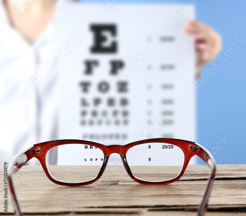 Vision concept. Eye glasses on wooden table