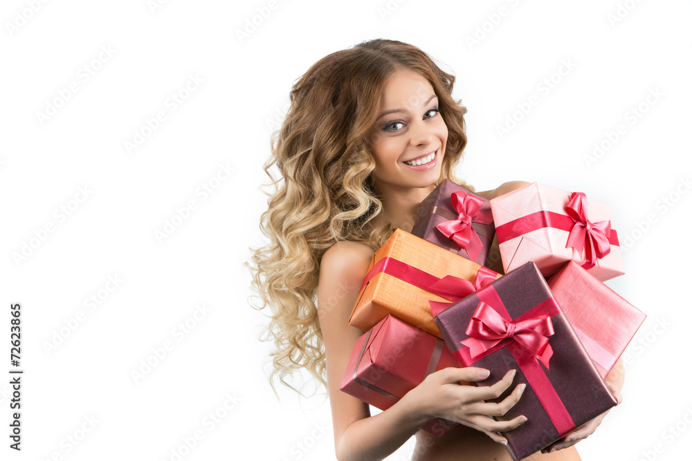 picture of cheerful girl with gift box on a white background picture of cheerful girl with gift box on a white background