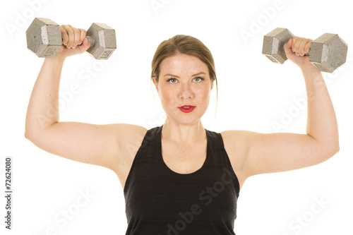 woman fitness black tank weights up flex serious