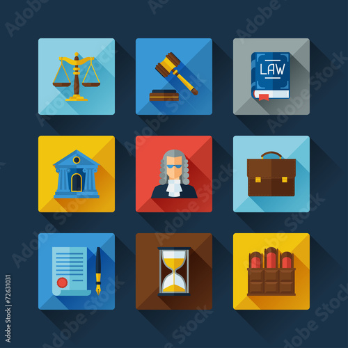Law icons set in flat design style.
