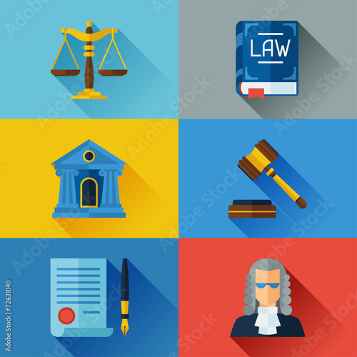 Law icons set in flat design style.