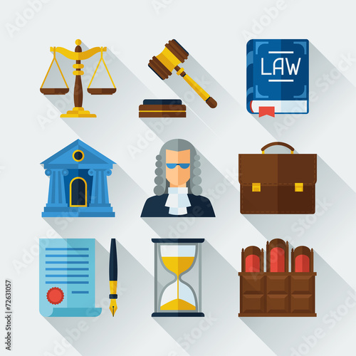Law icons set in flat design style.
