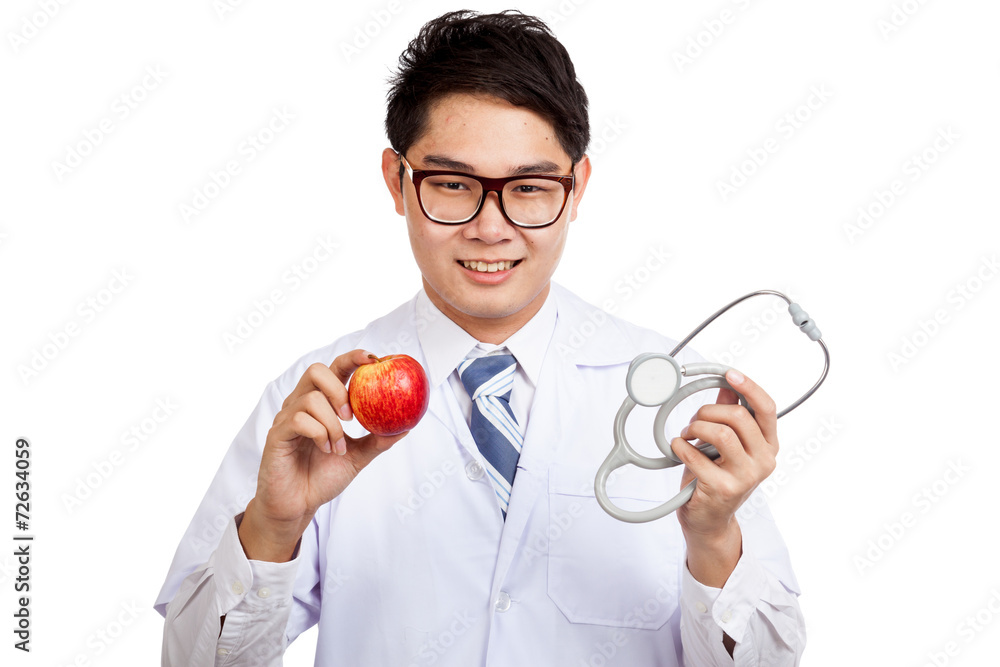 Asian male doctor with apple and  stethoscope