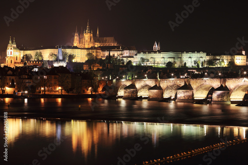 Night Prague gothic Castle with Charles Bridge, Czech Republic